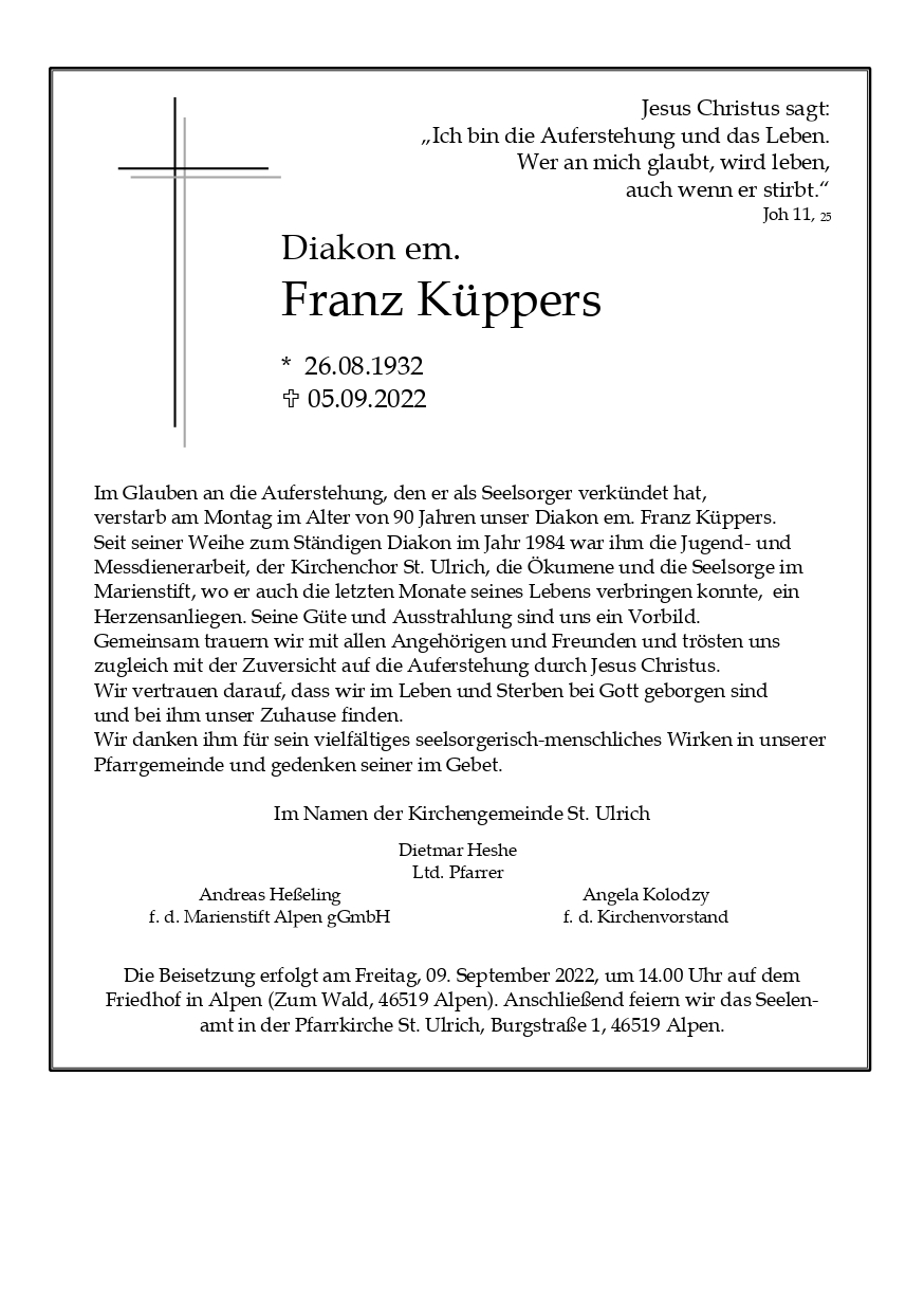 Todesanzeige Nachruf Franz Küppers page 0001